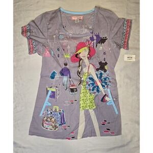 Koi By Kathy Peterson Printed Small Scrub Top 100%‎ Cotton Charm Pockets Stretch